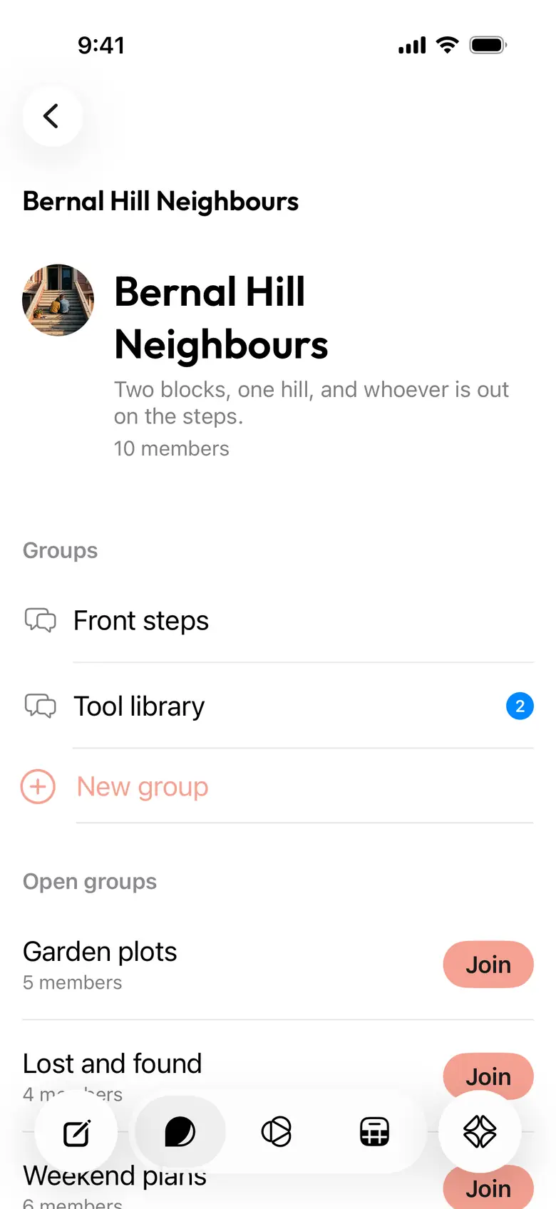 A community in Peachy on iPhone, with its groups