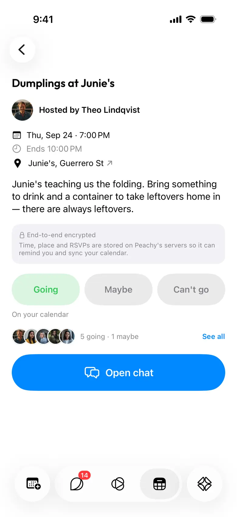 A plan in Peachy on iPhone, with a time and who is going