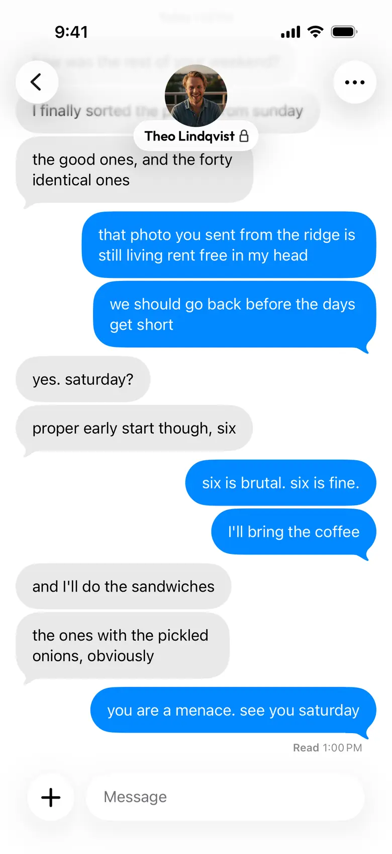 An end-to-end encrypted conversation in Peachy on iPhone